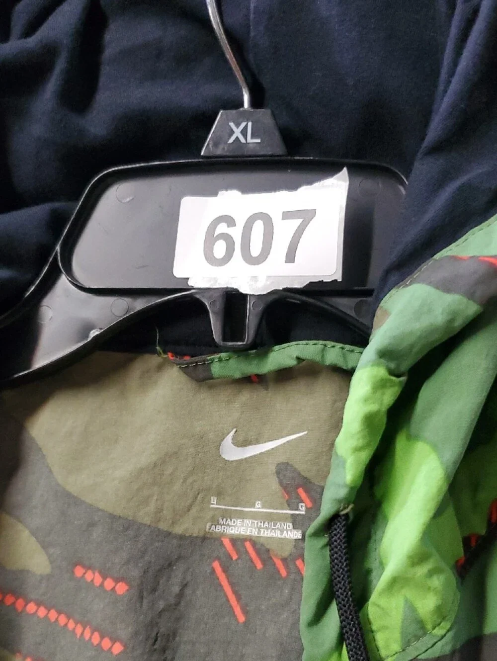 Nike Green Camo Hooded Windbreaker with Red Accents Size L